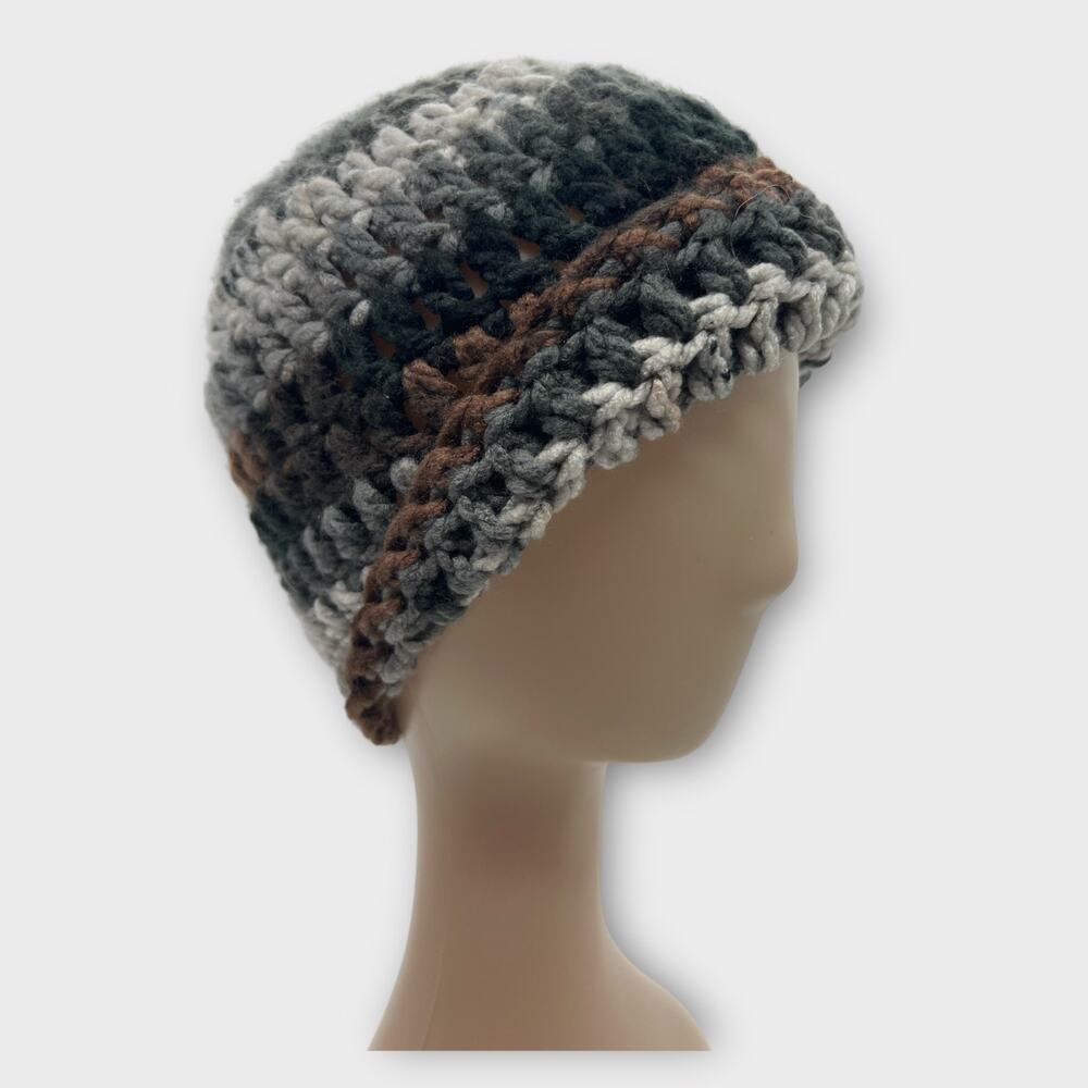 Chunky knit gray brown black stripe winter hat bohemian hippie XS‎